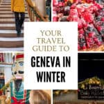 Collage showing Geneva in winter, with a woman on a decorated staircase, Swiss Christmas treats, a festive nutcracker and a Christmas market stall