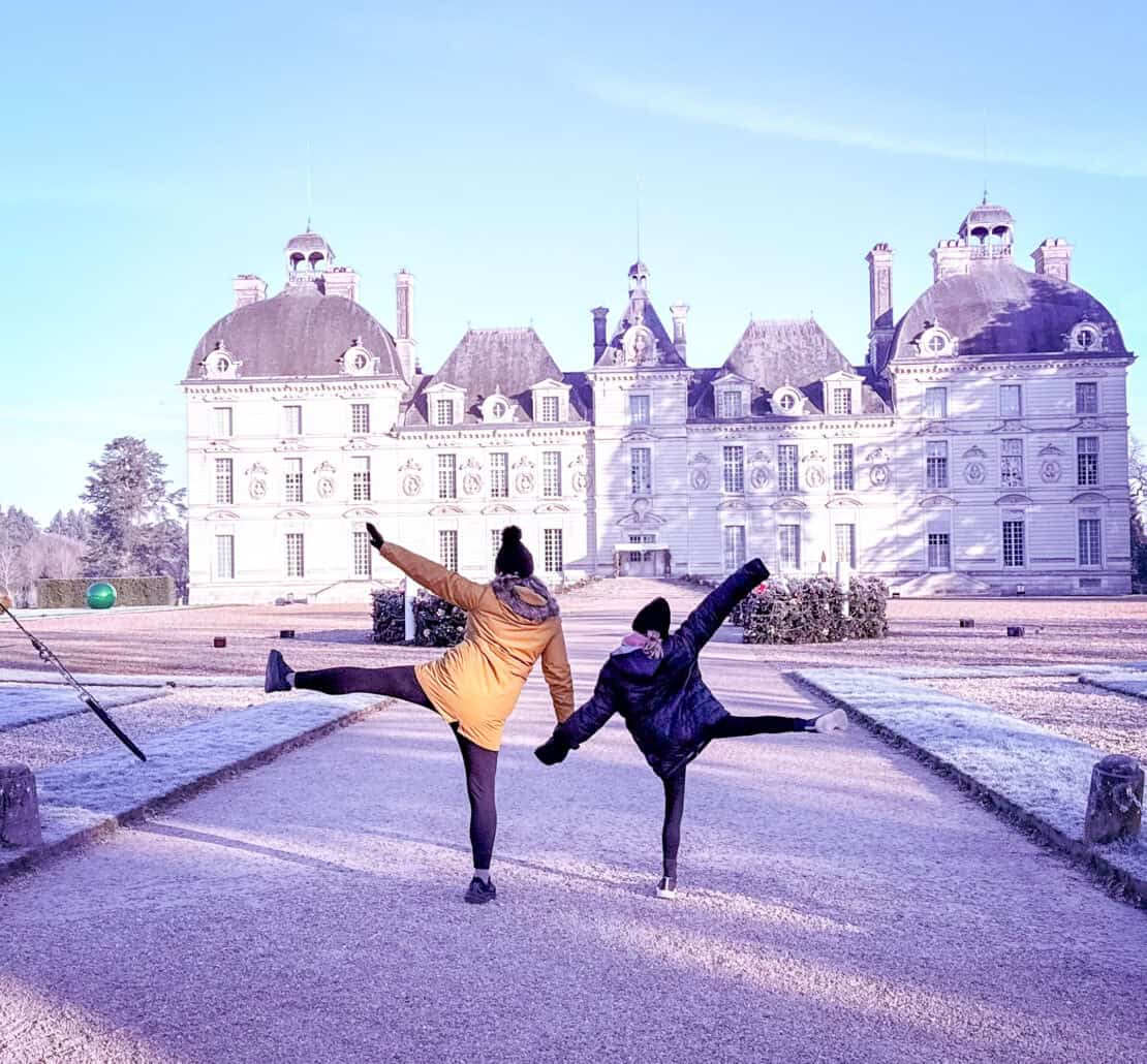 Mother and daughter outside Chateau Cheverny Loire Valley France