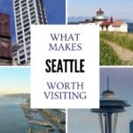Seattle travel collage showing the historic Smith Tower, a coastal lighthouse, Elliott Bay waterfront with a Ferris wheel and the Space Needle