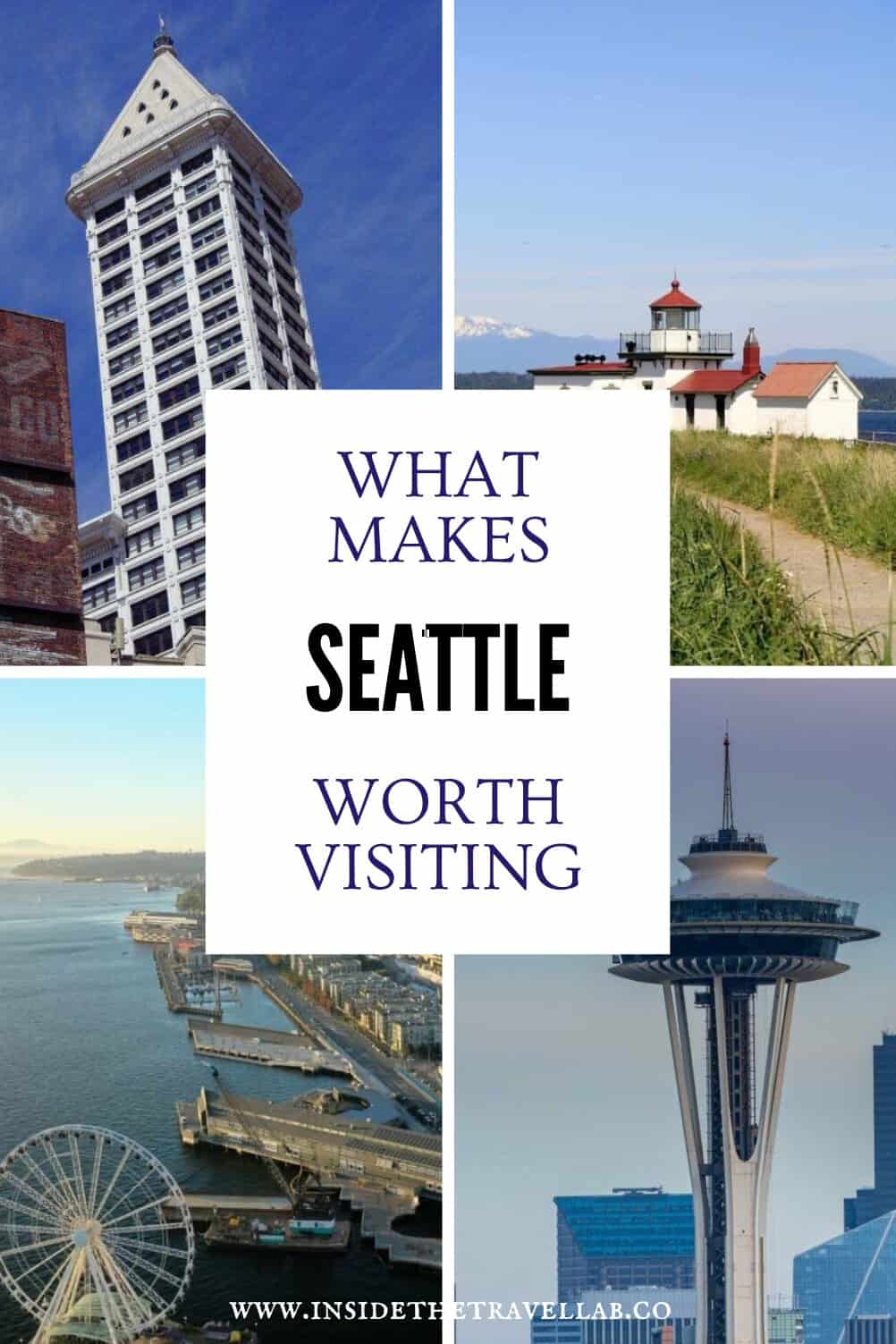 Seattle travel collage showing the historic Smith Tower, a coastal lighthouse, Elliott Bay waterfront with a Ferris wheel and the Space Needle